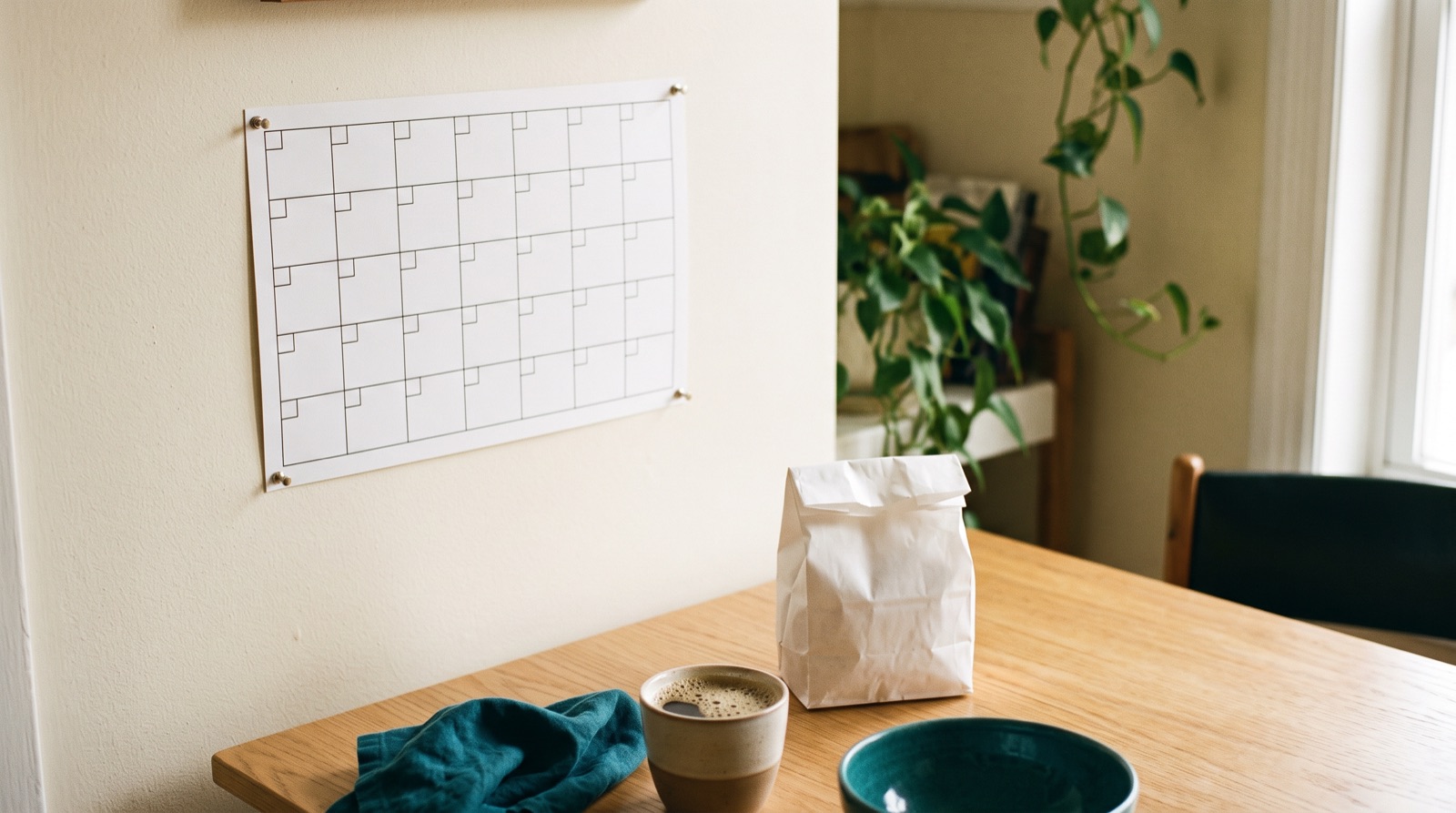 A wall calendar above a kitchen table with a cup of coffee and a white paper bag.