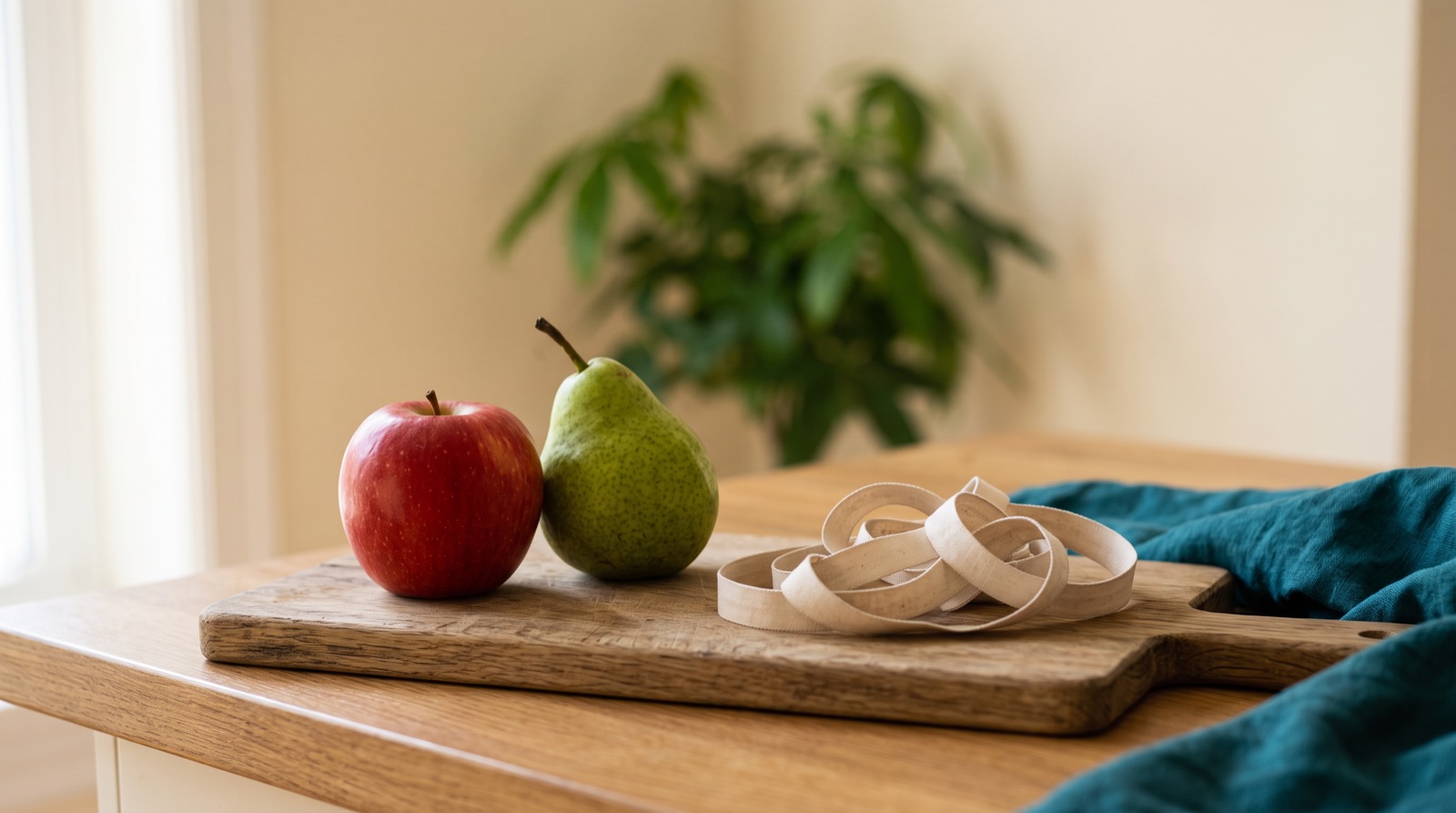 An apple and a pear side by side on a wooden board with a coiled measuring tape.