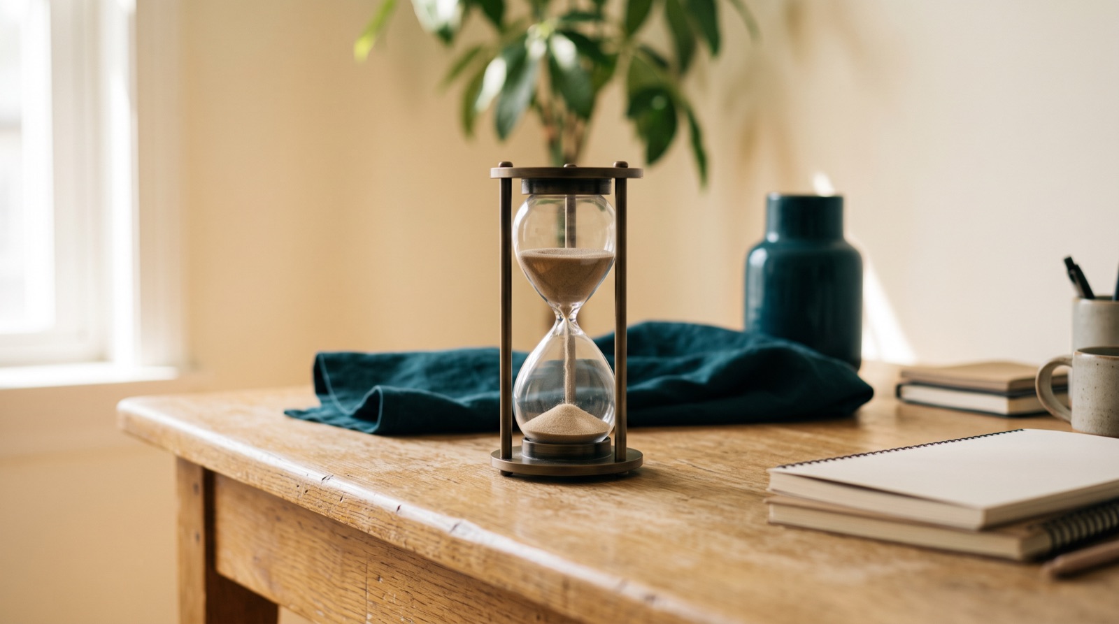 An hourglass half run through on a wooden desk.