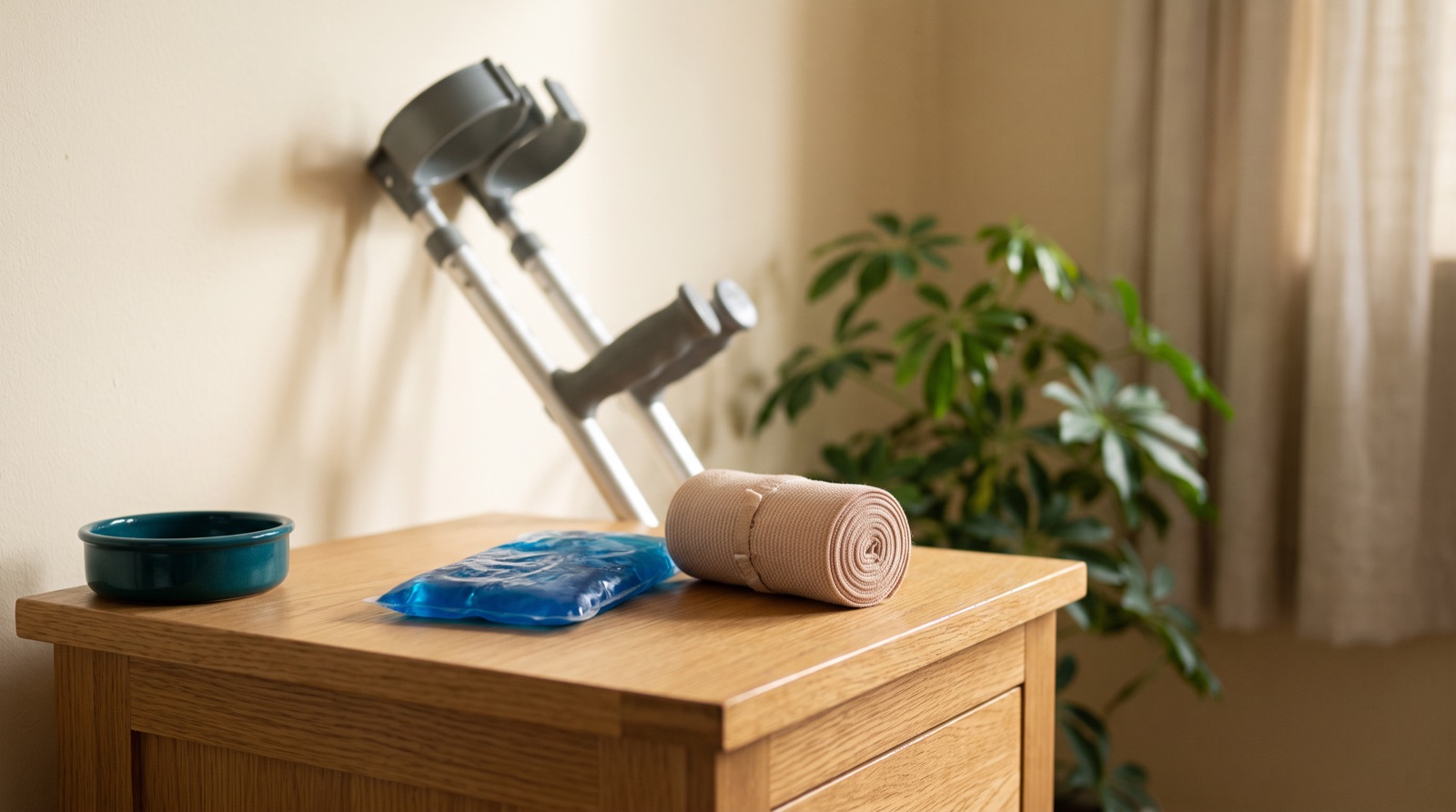 An ice pack and a rolled bandage on a side table with crutches against the wall.