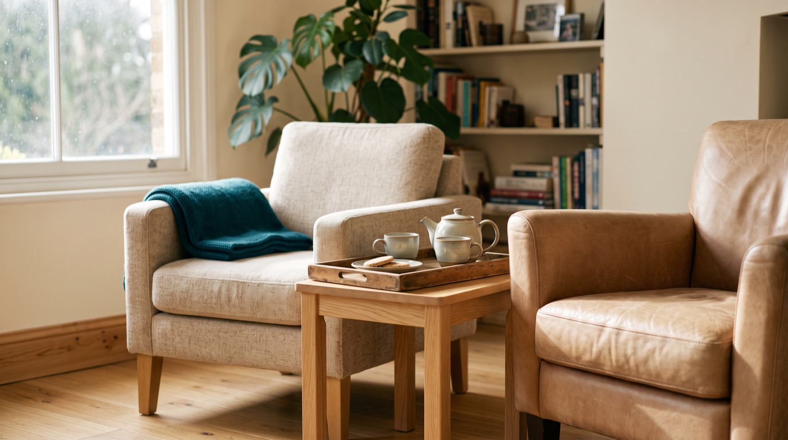 Two armchairs facing each other with a tea tray between them.