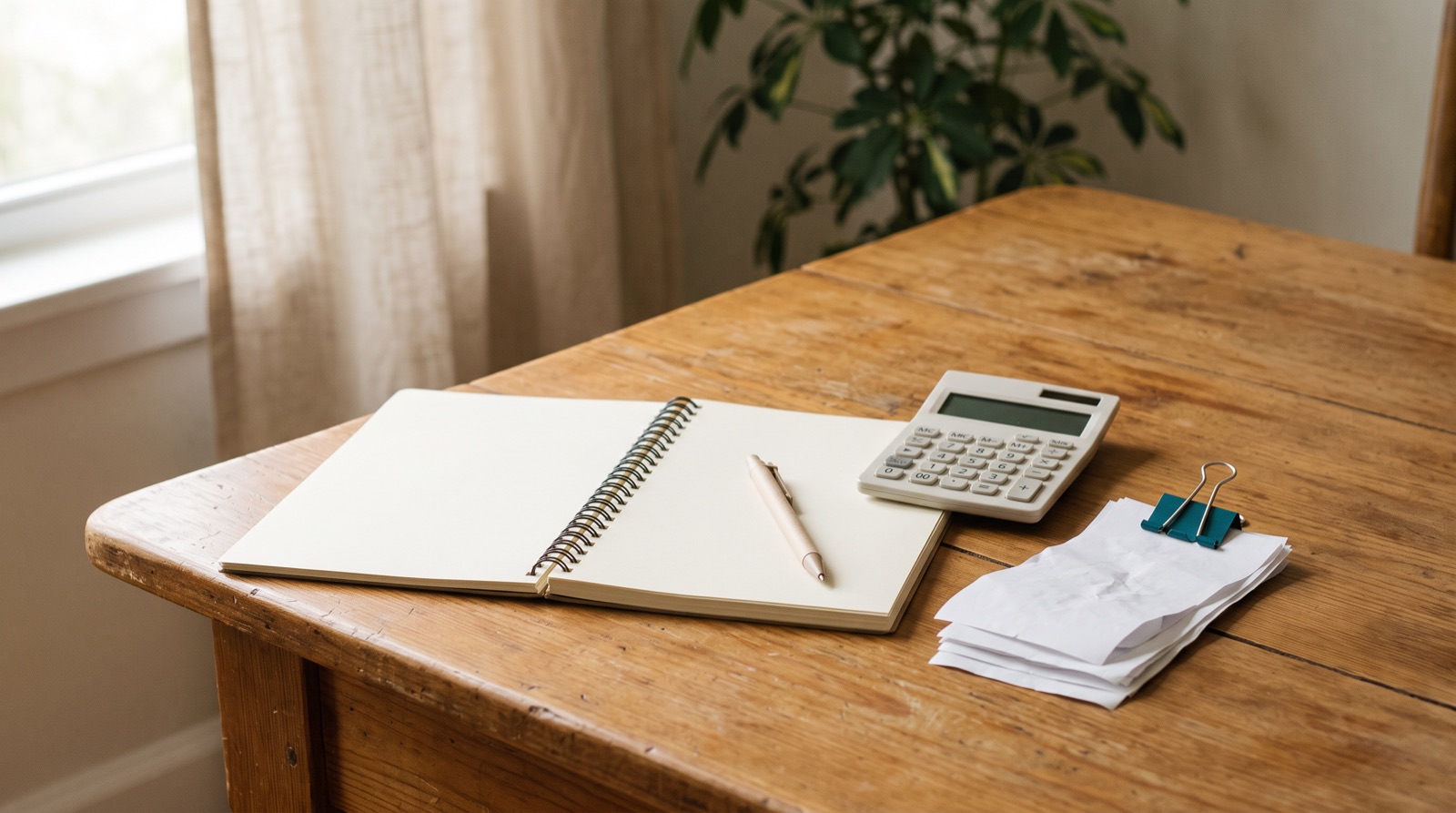 An open notebook, a pen, a calculator and a stack of receipts on a wooden table.