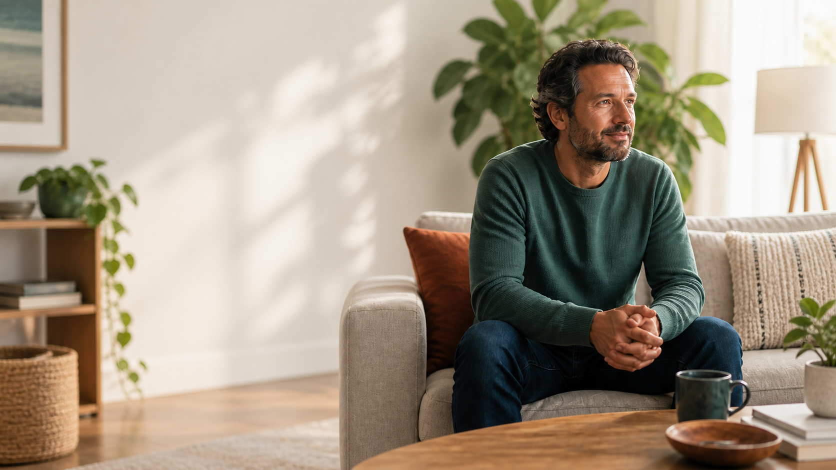 A man in a teal sweater sitting on a sofa at home.