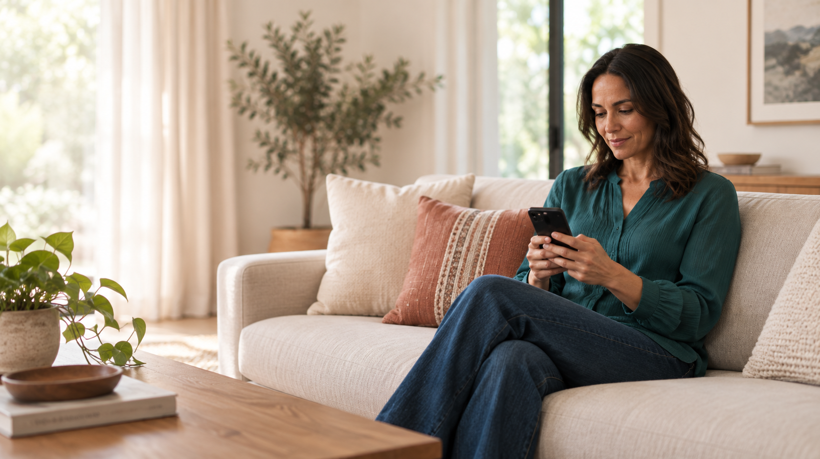 A woman using her phone on a sofa at home.